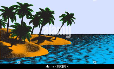 Spiaggia o costa tropicale paesaggio con palme e montagne oltre mare nel retro stile dotwork Illustrazione Vettoriale