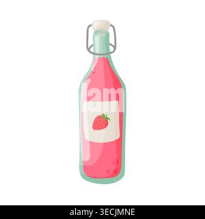 Illustrazione a fumetto di una bottiglia di vetro con limonata di fragole rosa, corpo verde menta, tappo basculante e etichetta di fragola, isolata su un dorso bianco Illustrazione Vettoriale