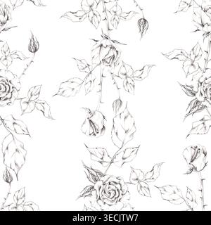 Righe di romantici fiori di rosa, gemme e foglie disegnate a mano con delicati contorni a matita. Illustrazione con motivo senza cuciture per la cartoleria di San Valentino Foto Stock