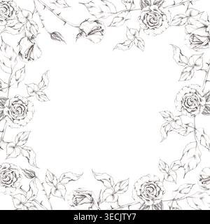 Fiore di rosa, gemme di gardenia, foglie di camelia. Illustrazione botanica disegnata a mano con disegno a matita linework e ombreggiatura. Elegante motivo bordo per Foto Stock