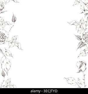 Rosa vintage, fiori di gardenia, gemme di lisianto, foglie di camelia disegnate a mano a matita, sfumature morbide al carbone. Banner floreale decorativo per San Valentino Foto Stock