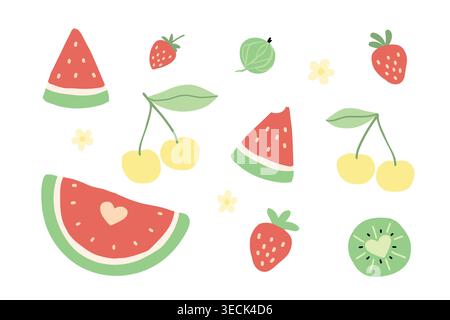 Delizioso set di frutta piatta con anguria, fragole, ciliegie e kiwi Illustrazione Vettoriale