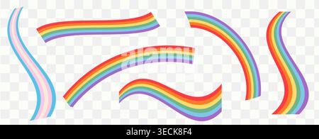 Set di nastri di bandiera ondulati arcobaleno e trans. Elementi di design Pride Month isolati su sfondo trasparente. Grafica LGBTQ astratta moderna per queer c Illustrazione Vettoriale