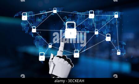 Una mano robotica indica una mappa digitale del mondo con icone di sicurezza che illustrano i temi della cybersicurezza, della tecnologia e della protezione dei dati in un Foto Stock