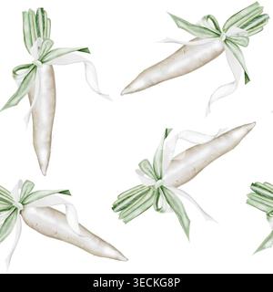 Motivo senza cuciture con acquerello daikon radish. Ravanello bianco disegnato a mano con fiocco a nastro. Clip art. Cibo. Per la progettazione di imballaggi per sementi, stampe da giardino, e. Foto Stock