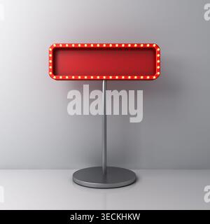 Cartellone retrò vuoto rosso o cartellone rettangolare rosso vuoto con lampadine al neon gialle incandescenti isolate su sfondo grigio bianco scuro della parete Foto Stock