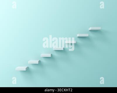Concetto di scale astratte o sette gradini su sfondo verde chiaro color pastello con rendering 3D ombreggiato Foto Stock