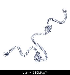 Una corda nautica a inchiostro disegnata a mano con doppio nodo su sfondo bianco. Illustrazione vettoriale per la progettazione nautica. Corda nautica blu scuro per la stampa Illustrazione Vettoriale