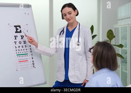Medico che conduce un test visivo con il paziente utilizzando la cartella Snellen, medico che indica le lettere per valutare l'acuità, la clinica calma Foto Stock