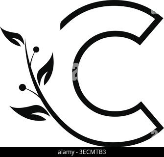 Logo Letter C minimale con foglie Illustrazione Vettoriale