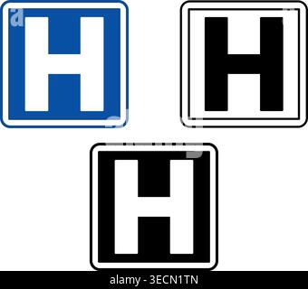 Segni ospedale. Indicazioni stradali per Blue Square Road. Mostra al conducente dove si trova l'ospedale. Icone vettoriali bianche e nere Illustrazione Vettoriale