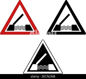 Segni Drawbridge. Segnali stradali rossi. Luci di emergenza. Icone vettoriali bianche e nere Illustrazione Vettoriale