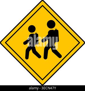 Segno giallo attenzione passaggio scolastico. Segnale stradale di avvertenza. Children Crossing Road. Icona vettoriale Illustrazione Vettoriale