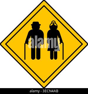 Segno giallo anziano. Segnale stradale di avvertenza. Persone anziane che attraversano la strada. Icona vettoriale Illustrazione Vettoriale