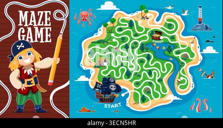 Labirinto per bambini con tesori dei pirati. Quiz per bambini sulla ricerca del percorso, foglio di lavoro sul labirinto dei pirati. Caccia al tesoro labirinto gioco di enigmi con nave pirata a vela, mappa dell'isola del tesoro e tentacoli kraken Illustrazione Vettoriale