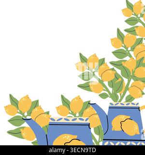 Uno sfondo di teiere piene di fiori di limone in stile giardino mediterraneo. Ideale per arredi in cucina, inviti stagionali e a tema culinario Illustrazione Vettoriale
