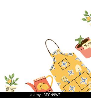 Cornice di elementi da giardinaggio in stile mediterraneo, con grembiule, lattine da irrigazione e piante in vaso. Ideale per l'arredamento della casa, eventi a tema giardino, Illustrazione Vettoriale