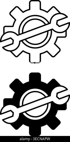 Icone di manutenzione. Icone vettoriali bianche e nere di Gear and Wrench. Strumenti di assistenza. Concetto di servizio auto Illustrazione Vettoriale