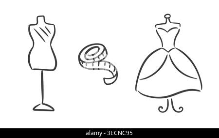 Set iconico di abiti alla moda con manichino e sartoria Illustrazione Vettoriale