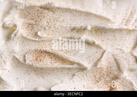 Gelato alla vaniglia con consistenza alla cannella, sfondo dettagliato. Yogurt ghiacciato alla vaniglia o gelato con noci grattugiate da vicino. Foto Stock
