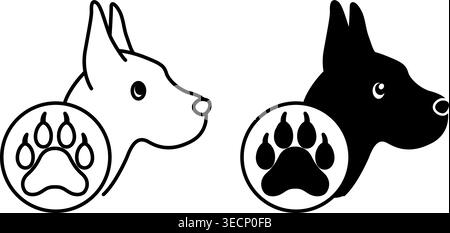 Icone PET. Icone vettoriali bianche e nere. Testa di cane e zampa animale. Animali domestici amichevoli. Etichetta del prodotto PET, progettazione dell'imballaggio Illustrazione Vettoriale
