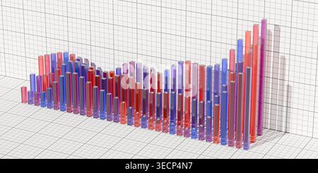 Grafico a barre da cubi di vetro rosso e blu su sfondo bianco, modello di concetto di diagramma di crescita delle scorte finanziarie, illustrazione 3D. Foto Stock