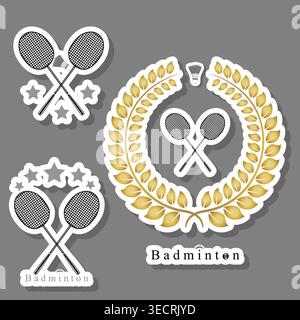 Emblema moderno con illustrazione del rubinetto volante per lo sport da badminton, logo costituito da insegna sportiva con fioriture decorative rubinetto per la Ba Illustrazione Vettoriale