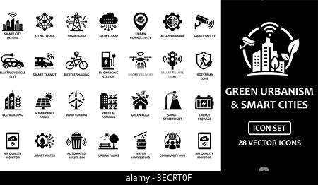 Collezione completa di ventotto icone di glifi solidi che rappresentano lo sviluppo urbano sostenibile. Gli elementi includono coltivazione verticale, ricarica EV, Illustrazione Vettoriale