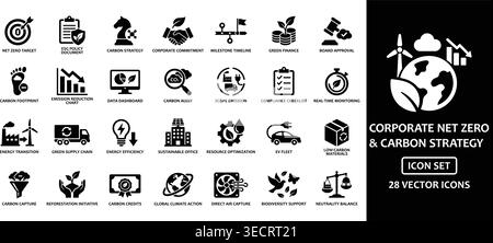 Collezione completa di 28 icone in bianco e nero che rappresentano l'azione per il clima e la responsabilità aziendale. Include simboli per il rimboschimento, auto Illustrazione Vettoriale