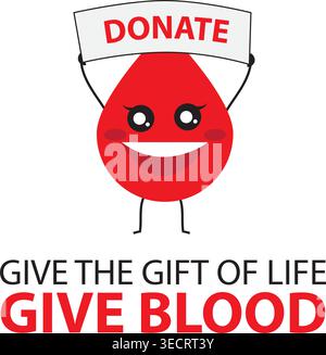 Un'illustrazione sorridente di gocce di sangue persuade a donare sangue. Illustrazione Vettoriale