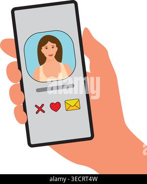 Illustrazione vettoriale piatta di un'app di incontri su smartphone con ragazza, romanticismo online e concetto di connessione. Illustrazione Vettoriale
