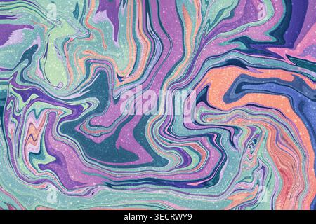Vivace arte fluida con vortici marmorizzati in viola, verde acqua e pesca, che formano uno sfondo astratto senza interruzioni. Ricca texture a flusso di vernice con venature stratificate f Foto Stock
