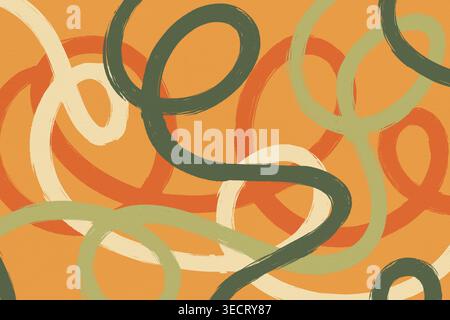 Design astratto caratterizzato da un motivo dinamico di loop verdi e arancioni intrecciati su sfondo beige. I cerchi creano artisti vivaci e moderni Foto Stock