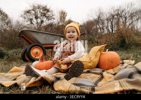 Sorridente bambina seduta su una coperta a quadri con zucche, con una carriola dietro, godendo di un'accogliente giornata autunnale all'aperto. Foto Stock