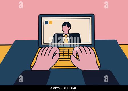 Un professionista professionista in tuta partecipa a una videoriunione online su un laptop, seduto a una scrivania in un ufficio interno, lavorando in remoto e in ufficio Foto Stock