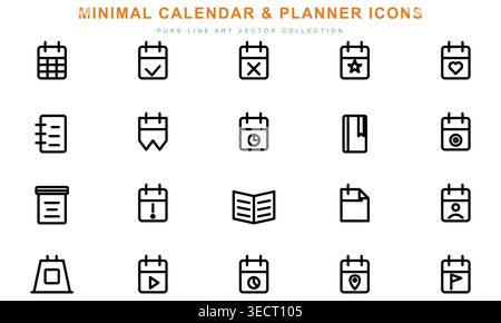 Le icone minimali del calendario creano disegni in bianco e nero Illustrazione Vettoriale