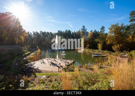 Tranquillo parco autunnale con un lago calmo, fontana d'acqua, terrazza in legno con posti a sedere e alberi circostanti sotto il cielo azzurro cristallino, luce calda del sole e riflessi Foto Stock