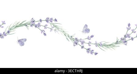 Bordo senza cuciture color acquerello lavanda con farfalle. Onde botaniche disegnate a mano di fiori viola per inviti di nozze, decorazioni spa e cancelleria. Foto Stock