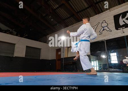 Un giovane artista marziale che indossa una cintura bianca e blu pratica un calcio anteriore su tappetini imbottiti in un dojo. Lo scatto ad angolo basso mostra una parete speculare e. Foto Stock
