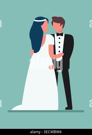 Illustrazione vettoriale piatta di una sposa e uno sposo che abbraccia, simboleggia l'amore, il matrimonio, il romanticismo e l'impegno in un moderno concetto di matrimonio minimale. Illustrazione Vettoriale
