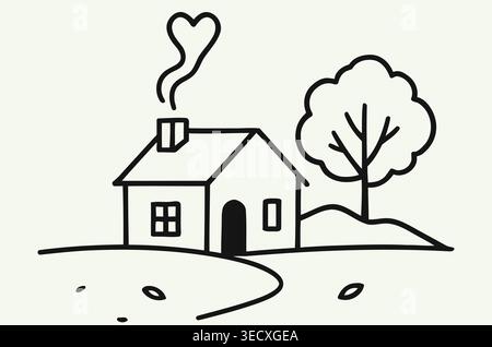 Accogliente cottage minimalista con camino a forma di cuore, arte a fumi Illustrazione Vettoriale