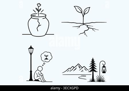 Minimalista consapevolezza della salute mentale e speranza crescita linea art set Illustrazione Vettoriale