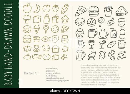 Grande set di icone del cibo disegnato a mano con deliziosi fast food e alimenti per la spesa Illustrazione Vettoriale