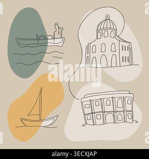 Stravagante modella da viaggio europeo disegnato a mano con un'architettura storica Illustrazione Vettoriale