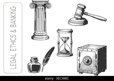 Set vintage di etica legale incisa e icona bancaria con elementi professionali Illustrazione Vettoriale
