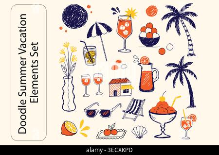 Colorata collezione estiva disegnata a mano con ombrelloni e bevande Illustrazione Vettoriale