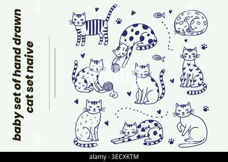 Illustrazioni creative di gatto in stile ingenuo con cuori, pesci e palle di lana Illustrazione Vettoriale
