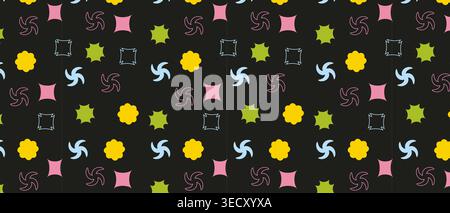 Sfondo nero con forme astratte colorate. design geometrico senza cuciture. sfondo creativo moderno per tessuti, carta da parati e stampe. Foto Stock