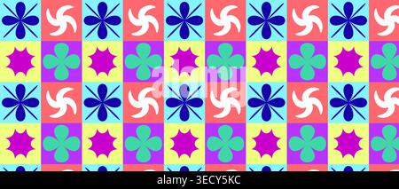 Design senza cuciture della carta da parati vintage con scoppi di sole rosa quadrifoglio color ottanio e forme a stella blu scuro su sfondi quadrati multicolori, ideale per i tessuti Foto Stock