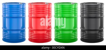 Fusti di metallo colorati di colore blu, rosso, verde e nero. Rendering 3D isolato su sfondo bianco Foto Stock